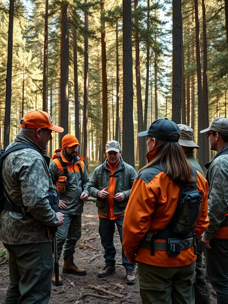 A group of hunters participating in a training session on responsible hunting practices and wildlife conservation.