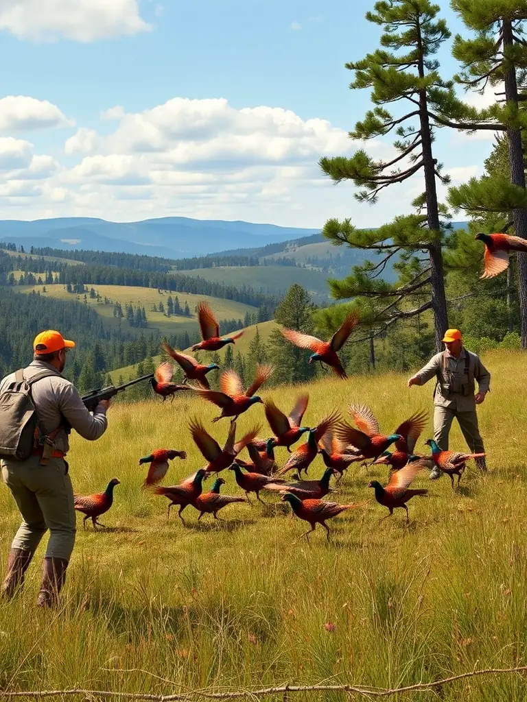 A photograph of hunters releasing pheasants into a managed habitat, showcasing game restocking efforts by SOCIETE DE CHASSE DE BOUSSAC.