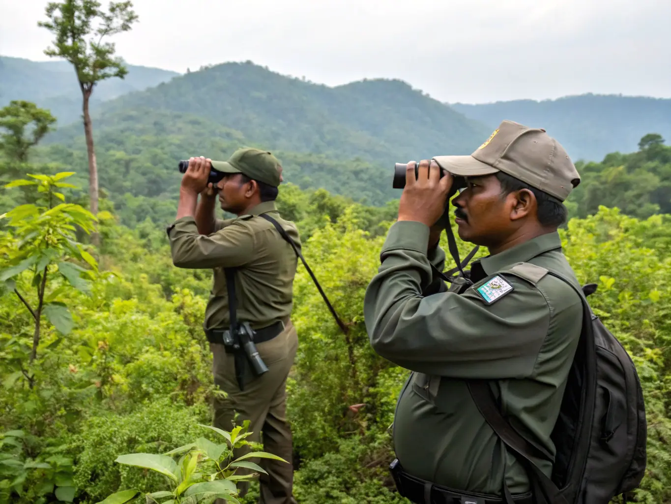 A photograph illustrating anti-poaching measures, such as a wildlife camera set up in a forest or a patrol team inspecting the area, representing SOCIETE DE CHASSE DE BOUSSAC's commitment to protecting wildlife.