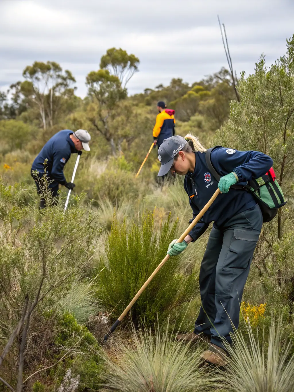 A picture of hunters carefully removing invasive plant species from a local habitat, demonstrating nuisance species management.