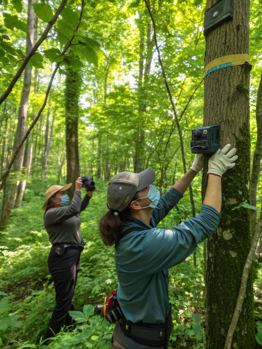 A nighttime image of volunteers setting up camera traps in a forest to monitor and deter poaching activities.