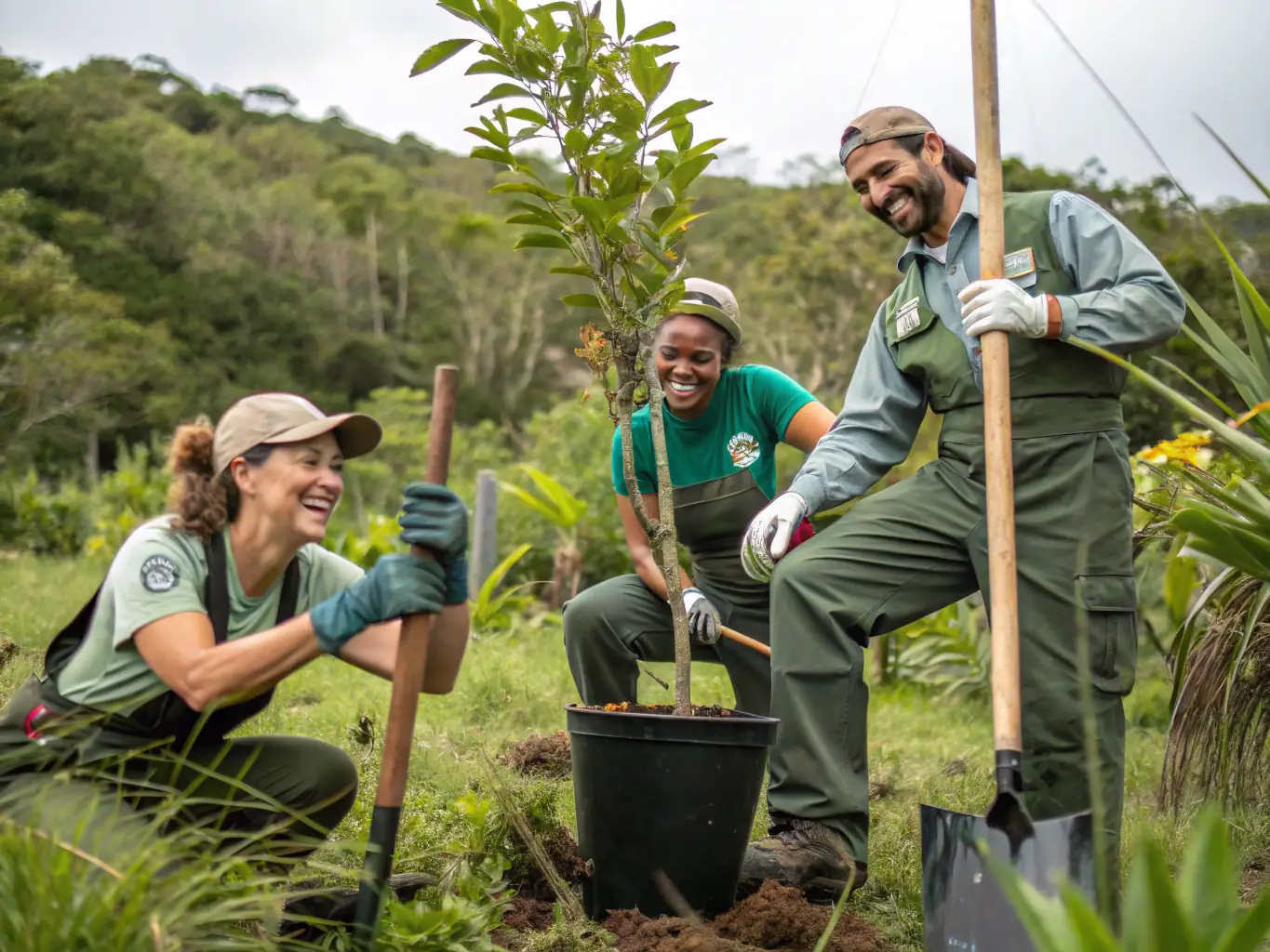 A photograph capturing a group of SCB members participating in a game restocking activity in a lush forest. The image should convey a sense of teamwork and dedication to wildlife conservation.